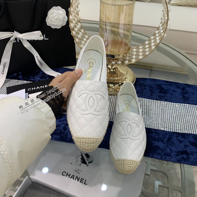 chanel2022最新頂級綿羊皮單鞋 香奈兒米白皮電繡拼色漁夫鞋 dx3519